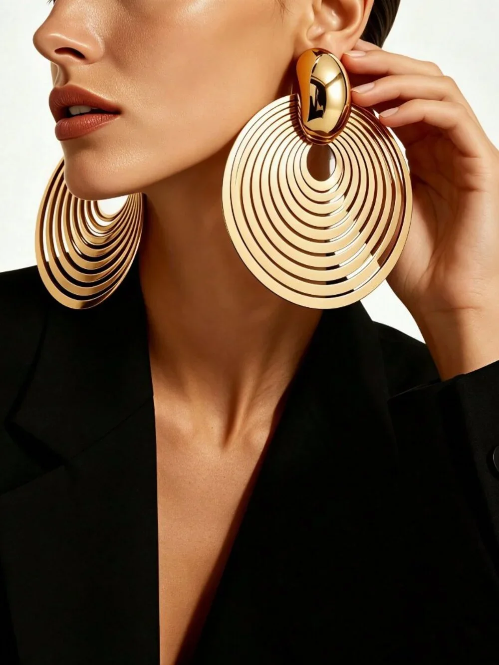 gold Women's polished Metal Oversized round Drop statement Earrings